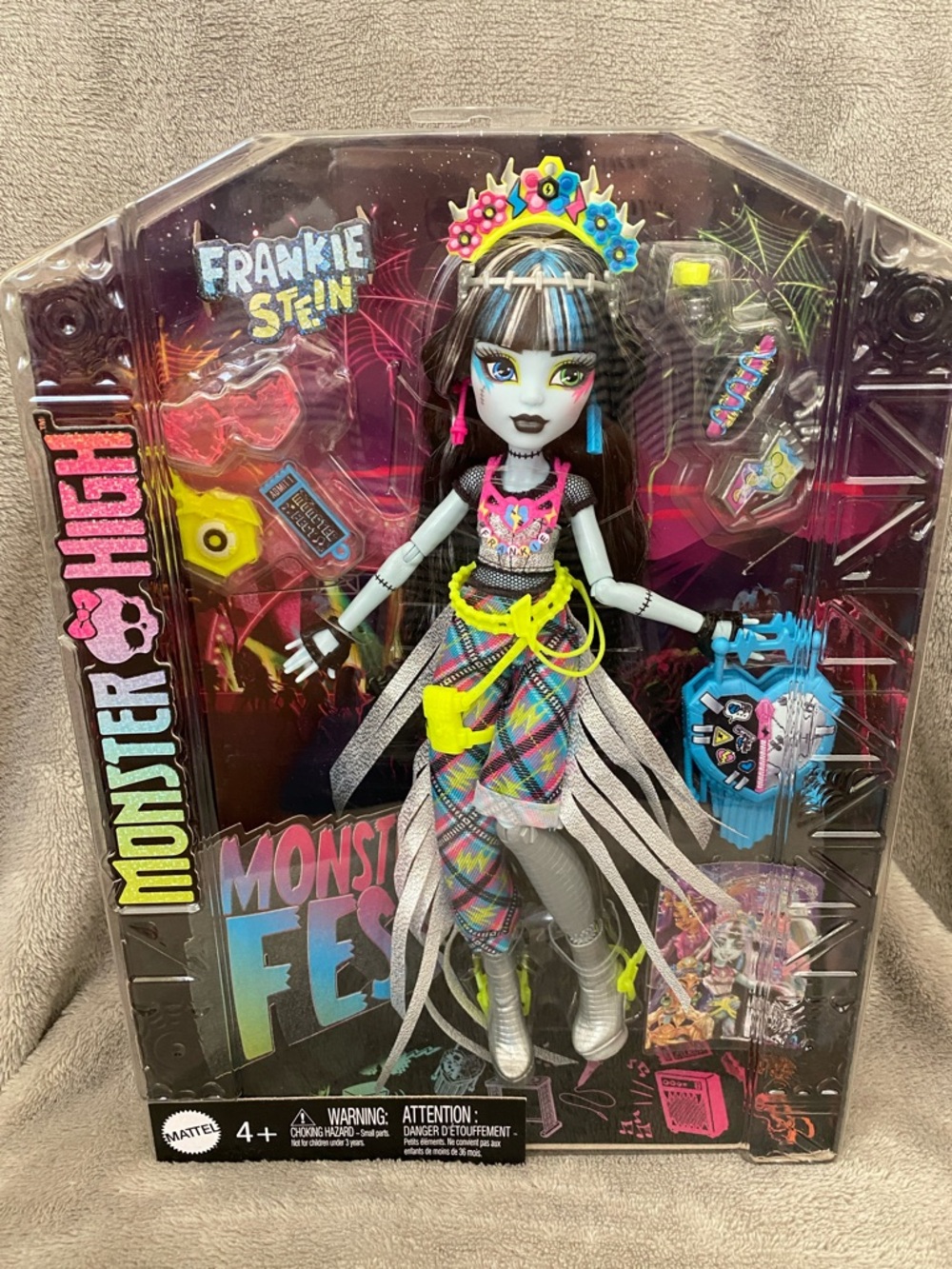 Mattel Monster High Frankie Stein Doll - Black, White, Neon Yellow, Pink, Blue